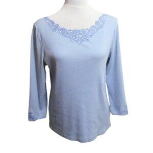 Lauren Ralph Lauren Lace Trim Long Sleeve Cotton Pullover Tee Top